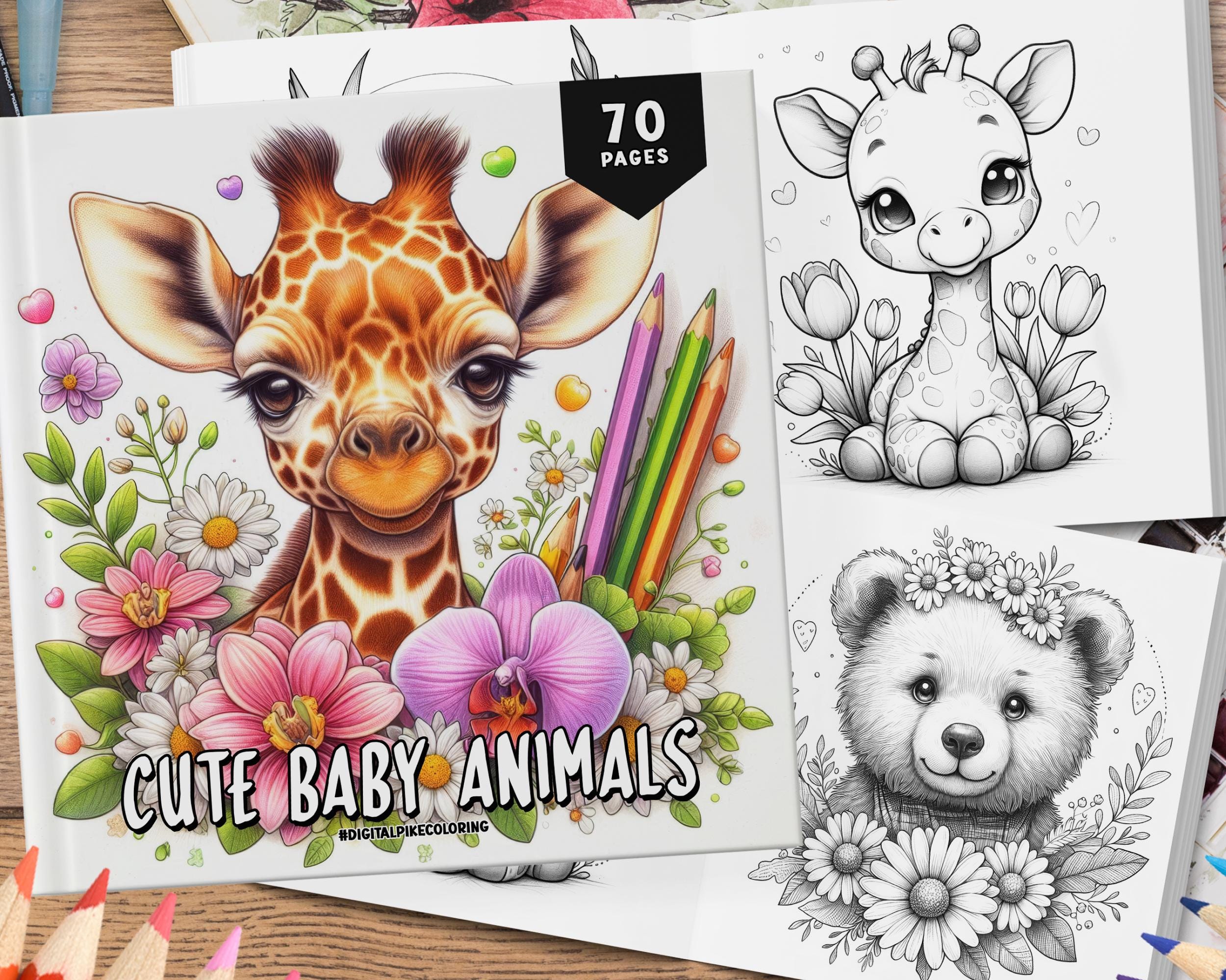 70 Cute Baby Animal Coloring Book – Kawaii Animal Coloring Pages for Kids and Adults, Printable PDF & PNG