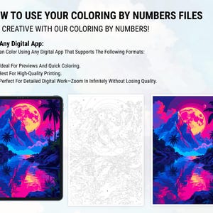 May include: Image showing digital colouring by numbers files. A tablet displays a colourful landscape with a large moon, mountains, and water. Text provides instructions on using digital apps for colouring, with PNG, PDF, and SVG formats.