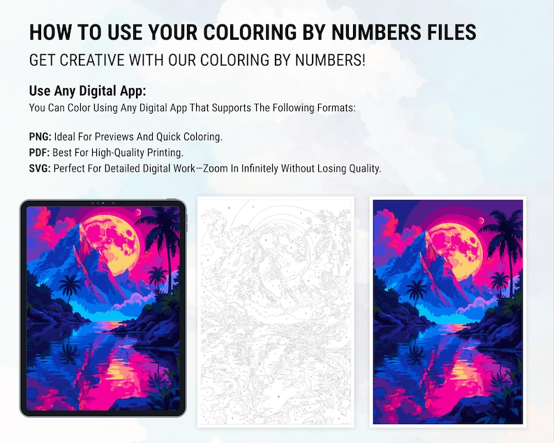 May include: Image showing digital colouring by numbers files. A tablet displays a colourful landscape with a large moon, mountains, and water. Text provides instructions on using digital apps for colouring, with PNG, PDF, and SVG formats.