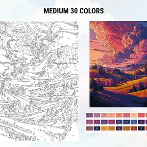 以下が含まれることがあります： カラフルな夕焼け空、なだらかな丘、木々のある風景を描いた、番号で塗る絵の具セットです。このセットには30色の絵の具が含まれており、「MEDIUM 30 COLORS」とラベル付けされています。