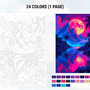 May include: A paint-by-numbers kit showing a colourful landscape with a large moon, mountains, and palm trees. The image is in pinks, purples, and blues. The kit includes a numbered outline and a colour key with 24 colours.