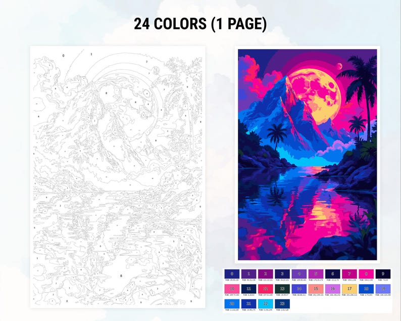 May include: A paint-by-numbers kit showing a colourful landscape with a large moon, mountains, and palm trees. The image is in pinks, purples, and blues. The kit includes a numbered outline and a colour key with 24 colours.