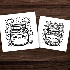 Puede incluir: Dos ilustraciones en blanco y negro de lindos frascos de dibujos animados con caras sonrientes. Un frasco tiene gotas de lluvia y nubes a su alrededor, el otro tiene flores.