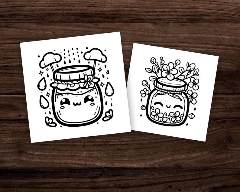 Puede incluir: Dos ilustraciones en blanco y negro de lindos frascos de dibujos animados con caras sonrientes. Un frasco tiene gotas de lluvia y nubes a su alrededor, el otro tiene flores.