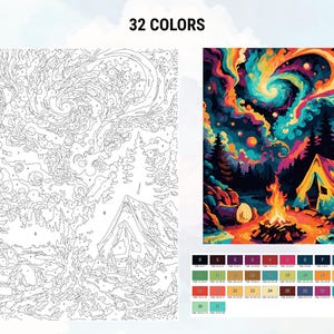 May include: Paint by numbers kit featuring a colorful night sky with a swirling galaxy, a campfire, and a tent in the foreground. The kit includes 32 colors.