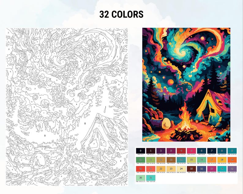 May include: Paint by numbers kit featuring a colorful night sky with a swirling galaxy, a campfire, and a tent in the foreground. The kit includes 32 colors.