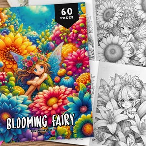 以下が含まれることがあります： 花畑に座っている妖精のカラフルなイラストが描かれた塗り絵の表紙。表紙のテキストには「Blooming Fairy」と「60 Pages」と書かれています。