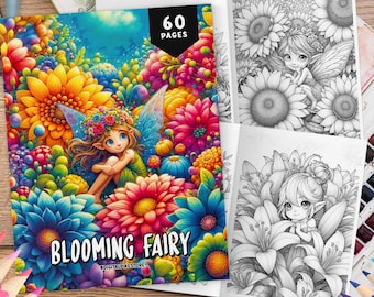 60 Blooming Fairy Coloring Book, Grayscale Coloring Pages, Coloring Sheets, Little Fairies, Fantasy Coloring, Elves Coloring Book for Adults