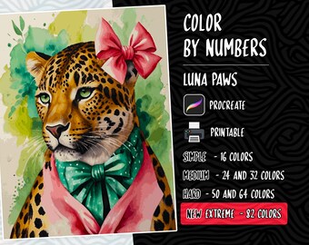 May include: Color by numbers digital art printable featuring a leopard wearing a pink bow and a green bow tie. The image includes the text "Color by Numbers", "Luna Paws", "Procreate", "Printable", "Simple - 16 Colors", "Medium - 24 and 32 Colors", "Hard - 50 and 64 Colors", and "New Extreme - 82 Colors".