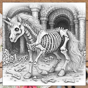 May include: A black and white drawing of a skeletal unicorn in a stone crypt. The unicorn is standing on a pile of bones. The drawing is done in a realistic style.