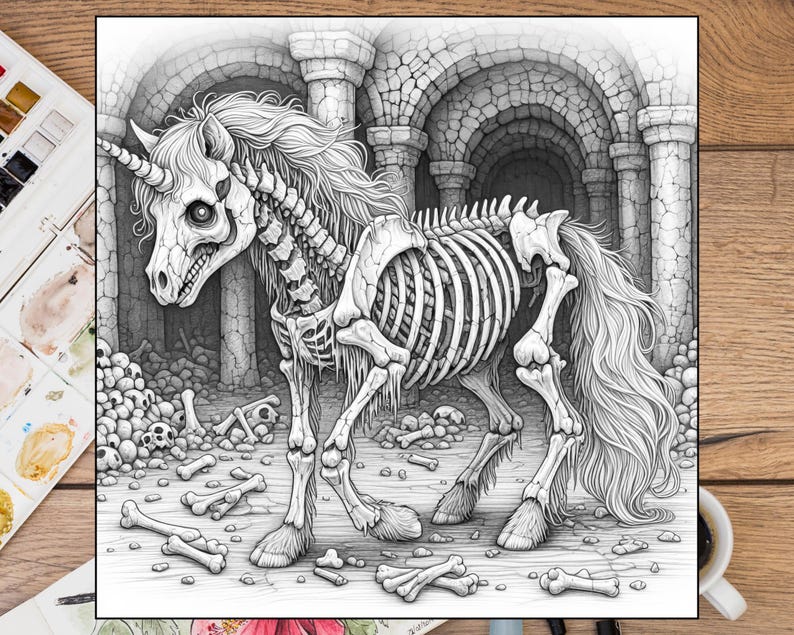 May include: A black and white drawing of a skeletal unicorn in a stone crypt. The unicorn is standing on a pile of bones. The drawing is done in a realistic style.