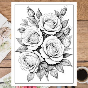 K&ouml;nnte beinhalten: Eine Schwarzwei&szlig;-Zeichnung eines Rosenstrau&szlig;es. Die Rosen sind realistisch gezeichnet, mit detaillierten Bl&uuml;tenbl&auml;ttern und Bl&auml;ttern. Der Strau&szlig; ist locker und nat&uuml;rlich angeordnet.