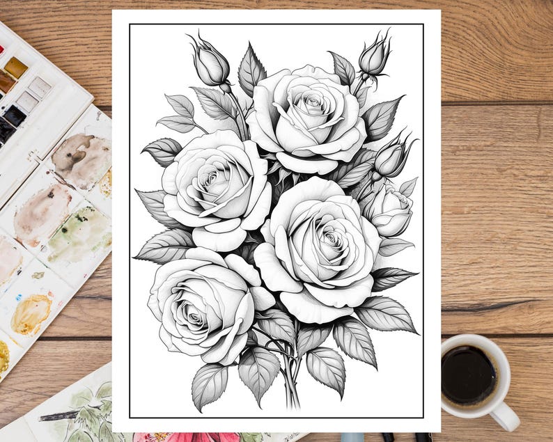 K&ouml;nnte beinhalten: Eine Schwarzwei&szlig;-Zeichnung eines Rosenstrau&szlig;es. Die Rosen sind realistisch gezeichnet, mit detaillierten Bl&uuml;tenbl&auml;ttern und Bl&auml;ttern. Der Strau&szlig; ist locker und nat&uuml;rlich angeordnet.
