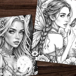 Puede incluir: Dos ilustraciones en blanco y negro de arte fant&aacute;stico. Una presenta a una mujer con cabello largo, alas de hada y un orbe brillante. La otra muestra a una mujer con una mariposa en el dedo, rodeada de flores y mariposas.