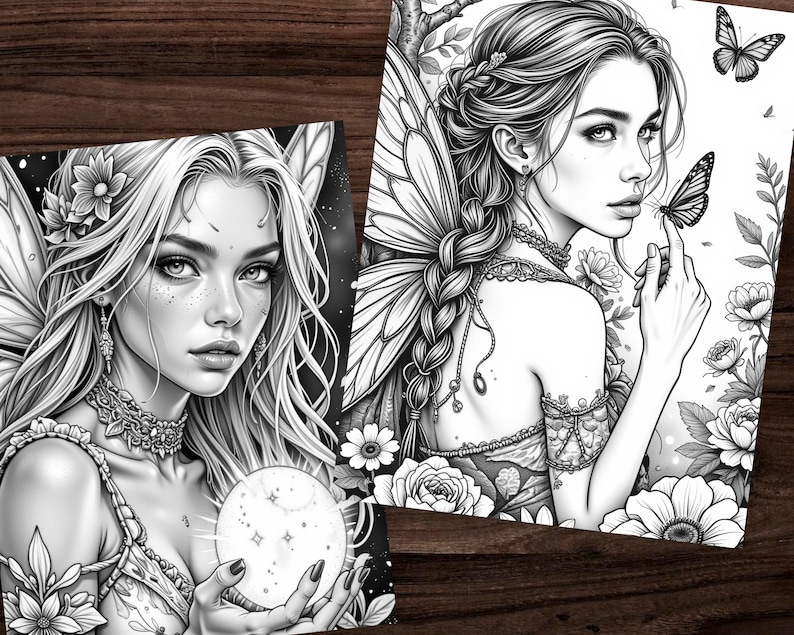 Puede incluir: Dos ilustraciones en blanco y negro de arte fant&aacute;stico. Una presenta a una mujer con cabello largo, alas de hada y un orbe brillante. La otra muestra a una mujer con una mariposa en el dedo, rodeada de flores y mariposas.