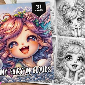 31 piccole fate tra le nuvole da colorare, pagine da colorare in scala di grigi, fogli da colorare, piccole fate, colorazione fantasy, libro da colorare fate