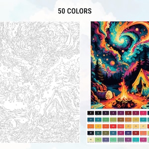 May include: A paint by numbers kit featuring a colorful night sky with a swirling galaxy, a campfire, and a tent in a forest. The kit includes 50 colors.