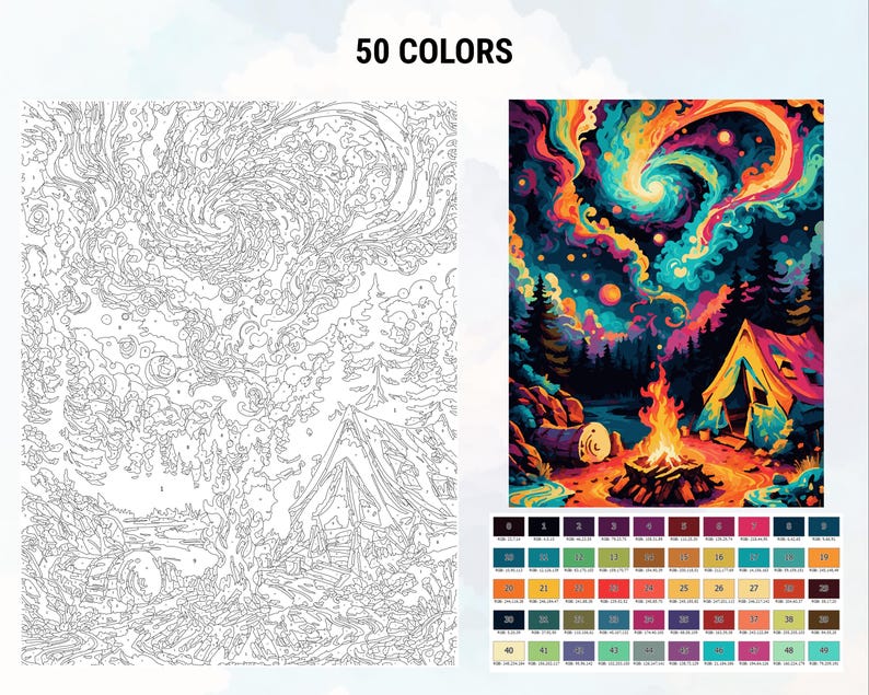 May include: A paint by numbers kit featuring a colorful night sky with a swirling galaxy, a campfire, and a tent in a forest. The kit includes 50 colors.