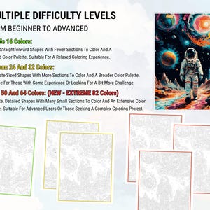 Peut inclure: Un kit de peinture par num&eacute;ros avec plusieurs niveaux de difficult&eacute;, de d&eacute;butant &agrave; avanc&eacute;. L'image comprend une illustration color&eacute;e d'un astronaute sur une plan&egrave;te extraterrestre et plusieurs toiles vierges avec diff&eacute;rents niveaux de d&eacute;tails. Le texte d&eacute;crit les niveaux.