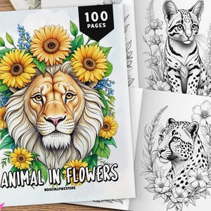 大人のための花の中の動物 100 匹のぬり絵、グレースケールのぬり絵ページ、ぬり絵シート、動物のぬり絵、バンドルぬり絵、デジタル ダウンロード