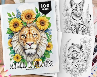 100 Animal in Flowers Coloring Book For Adult, Grayscale Coloring Pages, Coloring Sheets, Animal Coloring, Bundle Coloring, Digital Download