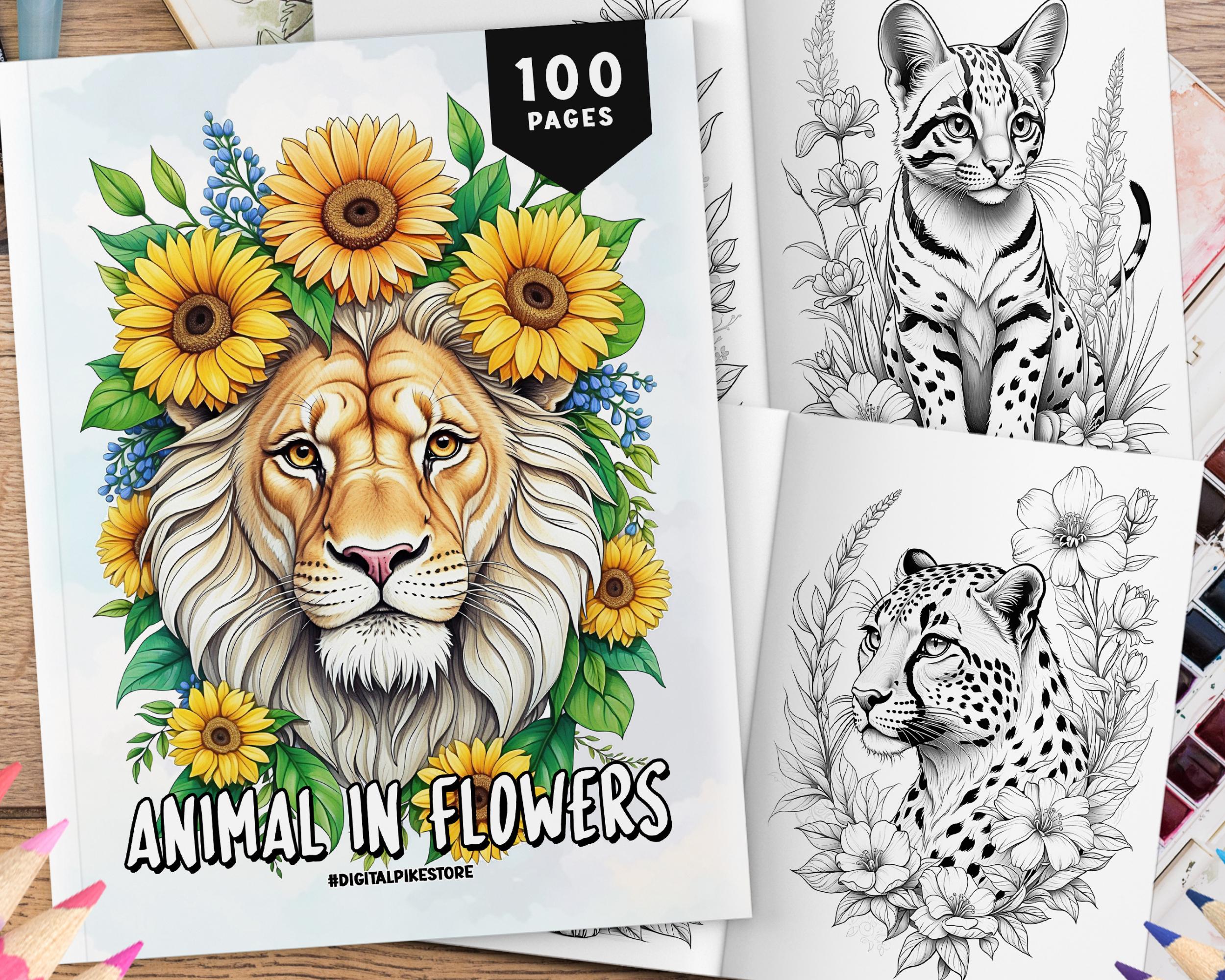 100 Animal in Flowers Coloring Book for Adult, Grayscale Coloring Pages ...