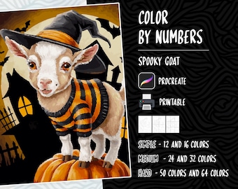 Color by Numbers, Digital Coloring Pages, Paint by Numbers, Procreate Coloring Book, Halloween Coloring, Spooky Goat Coloring
