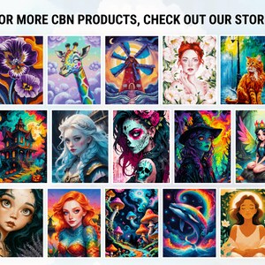 May include: A selection of vibrant art prints showcasing diverse subjects such as portraits, animals, and fantasy scenes. The prints display vivid colours and intricate illustrations, with text at the top that reads "FOR MORE CBN PRODUCTS, CHECK OUT OUR STORE!"