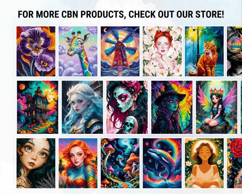 May include: A selection of vibrant art prints showcasing diverse subjects such as portraits, animals, and fantasy scenes. The prints display vivid colours and intricate illustrations, with text at the top that reads "FOR MORE CBN PRODUCTS, CHECK OUT OUR STORE!"