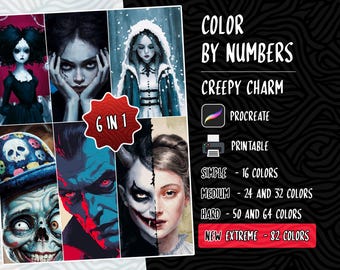 Verf op nummer Kleur op nummer Digitale kleurplaten Procreate Coloring Book Adult Coloring Cats Coloring by Number Creepy Charm Bundle