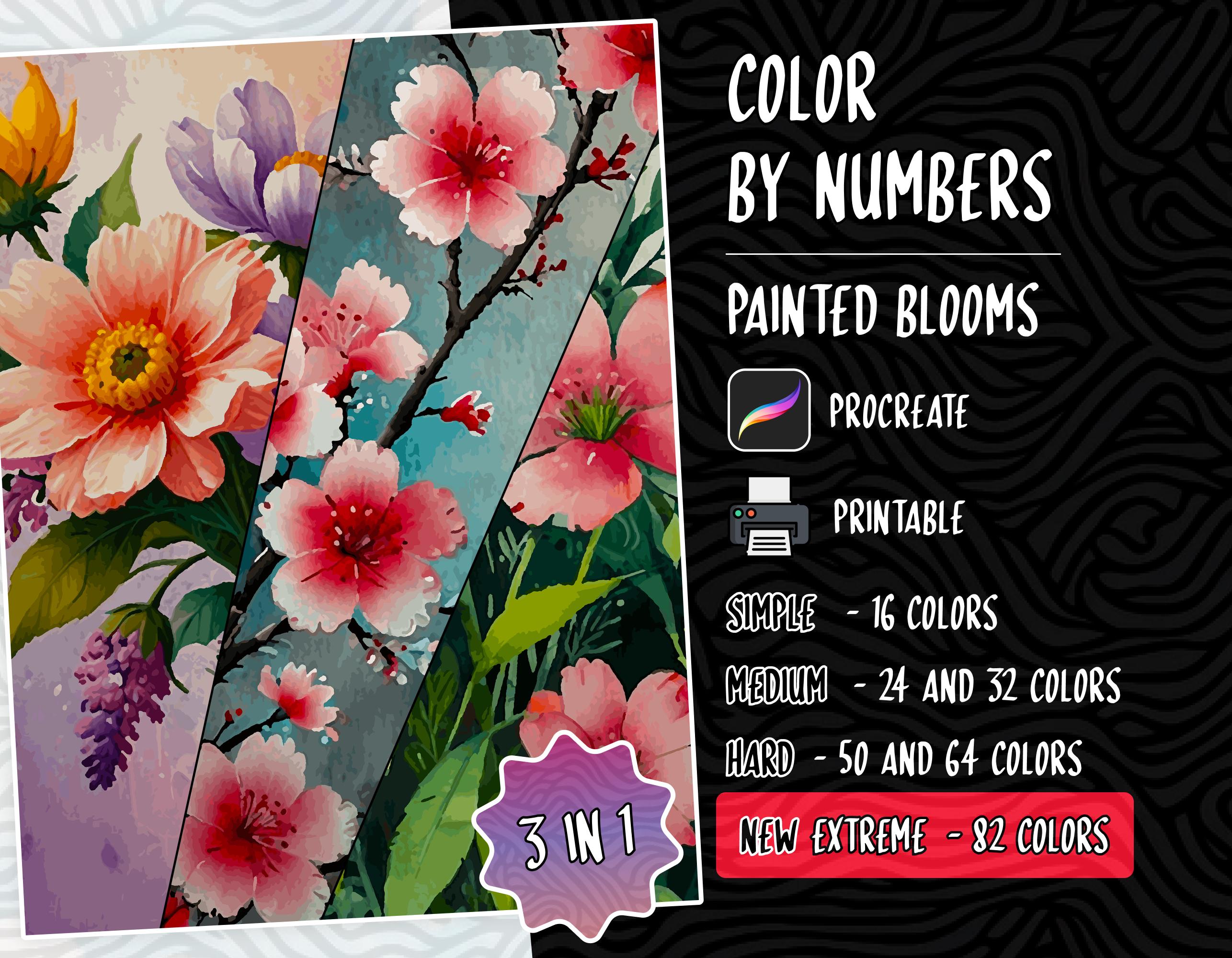 Coloriage par numéros Pages de coloriage numériques pour adultes | PDF, PNG, SVG imprimables + Livre de coloriage Procreate | Fleurs & designs relaxants | Téléchargement instantané
