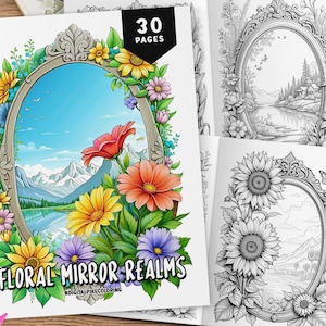 30 florale Spiegelreiche Malseiten, Ausmalbilder, Blumen Malbuch, Graustufen Malseiten für Erwachsene, Florale Malseiten