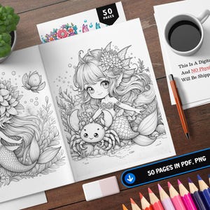 May include: A black and white coloring book featuring two mermaid illustrations. The mermaids are wearing flower crowns and have long flowing hair. One mermaid is holding a crab. The book has 50 pages and is available in PDF and PNG formats.