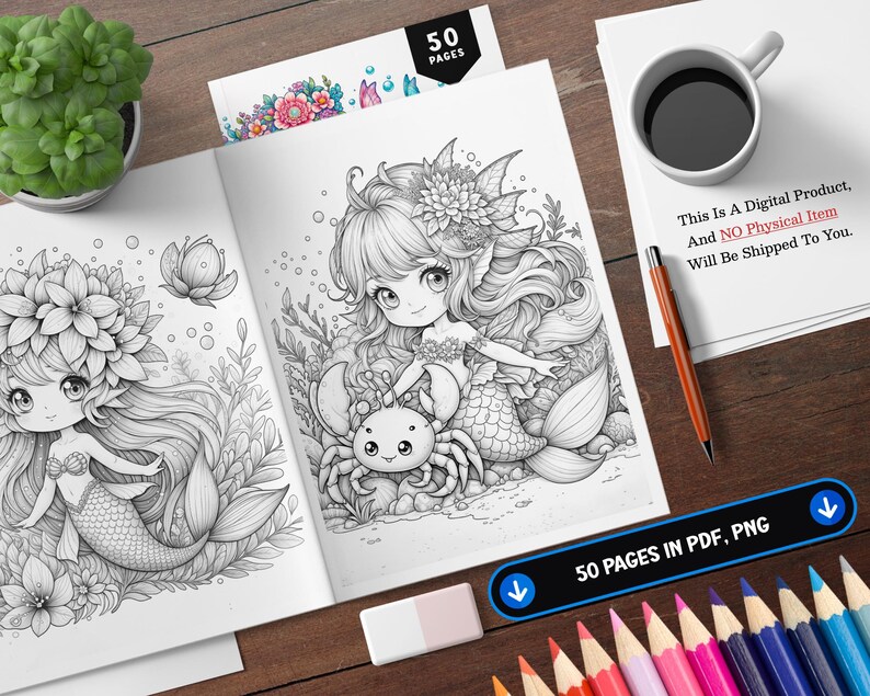 May include: A black and white coloring book featuring two mermaid illustrations. The mermaids are wearing flower crowns and have long flowing hair. One mermaid is holding a crab. The book has 50 pages and is available in PDF and PNG formats.