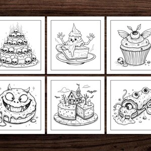 May include: Six black and white illustrations of spooky cakes. The first cake is topped with skulls, the second is a pumpkin pie, the third is a cupcake with an eye, the fourth is a cake with a haunted house, the fifth is a monster cake, and the sixth is a cake with an eye.