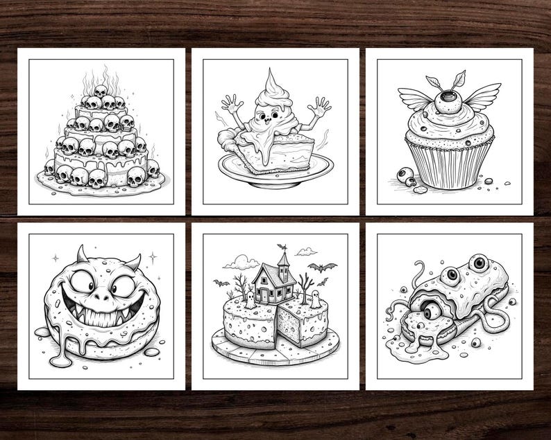 May include: Six black and white illustrations of spooky cakes. The first cake is topped with skulls, the second is a pumpkin pie, the third is a cupcake with an eye, the fourth is a cake with a haunted house, the fifth is a monster cake, and the sixth is a cake with an eye.