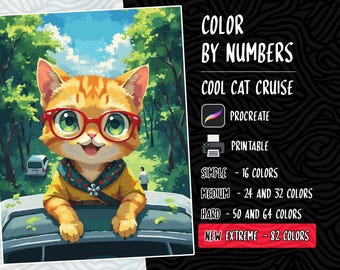 Puede incluir: Pintura de colorear por números de un gato de dibujos animados con gafas y una camisa amarilla, conduciendo un coche. El texto "Cool Cat Cruise" está en la parte superior de la imagen. La imagen está etiquetada como "Simple - 16 Colores", "Medio - 24 y 32 Colores", "Difícil - 50 y 64 Colores", y "Nuevo Extremo - 82 Colores".