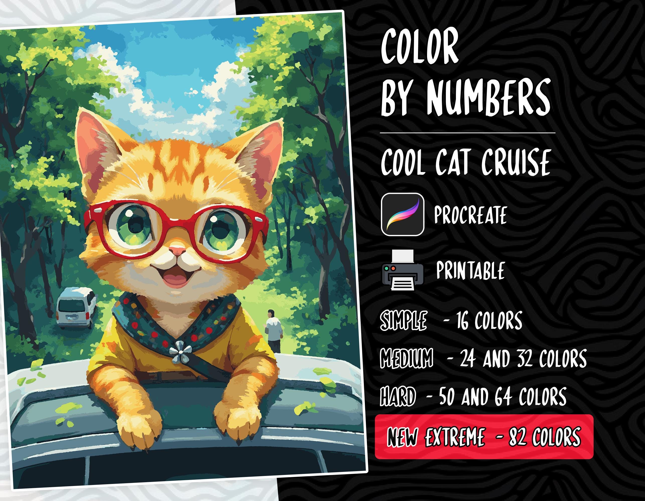 Páginas de Colorear por Números Digitales para Adultos y Niños – Imprimibles, Procreate e iPad Colección de Gatos