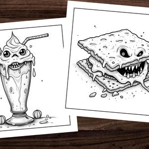 May include: Two black and white illustrations of food with monster faces. The first is a milkshake with a monster face and two straws. The second is a s'more with a monster face and dripping goo.