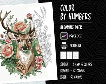 May include: Color by numbers coloring page featuring a deer with antlers surrounded by pink roses. The page is titled "Blooming Deer" and includes options for simple, medium, and hard difficulty levels with 12, 16, 32, and 50 colors.