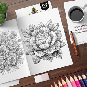 以下が含まれることがあります： 花びらの複雑な白黒のイラストが150ページにわたって描かれた塗り絵。本は2ページ開かれており、1ページには大きな花1輪、もう1ページには小さな花のブーケが描かれている。
