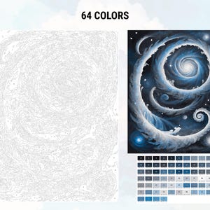 Pu&ograve; includere: Un kit di pittura per numeri che rappresenta una galassia vorticosa con nuvole bianche e colori blu e neri. Il kit include 64 colori.