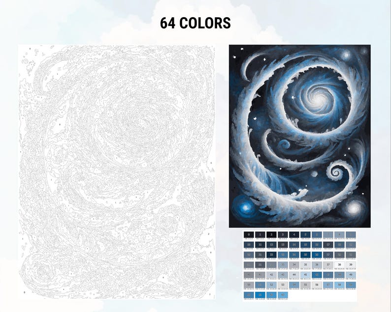 Pu&ograve; includere: Un kit di pittura per numeri che rappresenta una galassia vorticosa con nuvole bianche e colori blu e neri. Il kit include 64 colori.