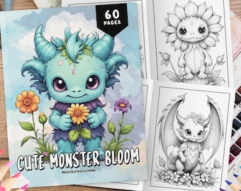60 Cute Monsters with Flowers, Fantasy Coloring Page Book, Grayscale Coloring Pages, Coloring Sheets, Adult and Kids Coloring Book