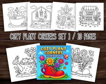 Cozy Plant Corners Set 1 / 10 pages / Coloring Pages Bold and Easy Instant Download Printable PDF Relaxing Coloring Book Simple Coloring