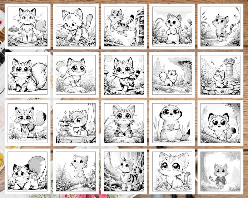 May include: A set of 20 black and white illustrations featuring cute cartoon cats in various poses and settings. The illustrations are perfect for coloring books, greeting cards, or other creative projects.