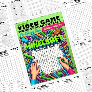 May include: A colorful word search puzzle book with the title "Video Game Word Search Puzzles for Kids and Teens 888+ Words" and a Minecraft themed cover featuring a hand holding a pencil.