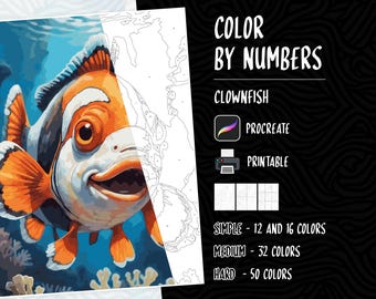 May include: A digital paint-by-numbers design featuring a vibrant clownfish with orange, white, and black markings. The image includes the text "COLOR BY NUMBERS" and "CLOWNFISH". It is available for Procreate and printable, with options for 12, 16, 32, and 50 colors.