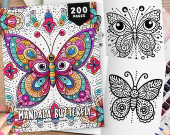 200 Mandala Butterfly Coloring Book, Pattern Coloring, Coloring Sheets, Kids & Adult Coloring Book, Mandala Coloring, Kids Coloring Book
