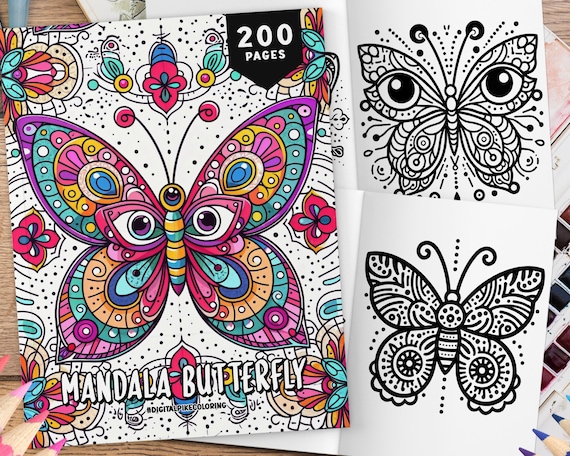 200 Mandala Butterfly Coloring Book, Pattern Coloring, Coloring Sheets, Kids & Adult Coloring Book, Mandala Coloring, Kids Coloring Book